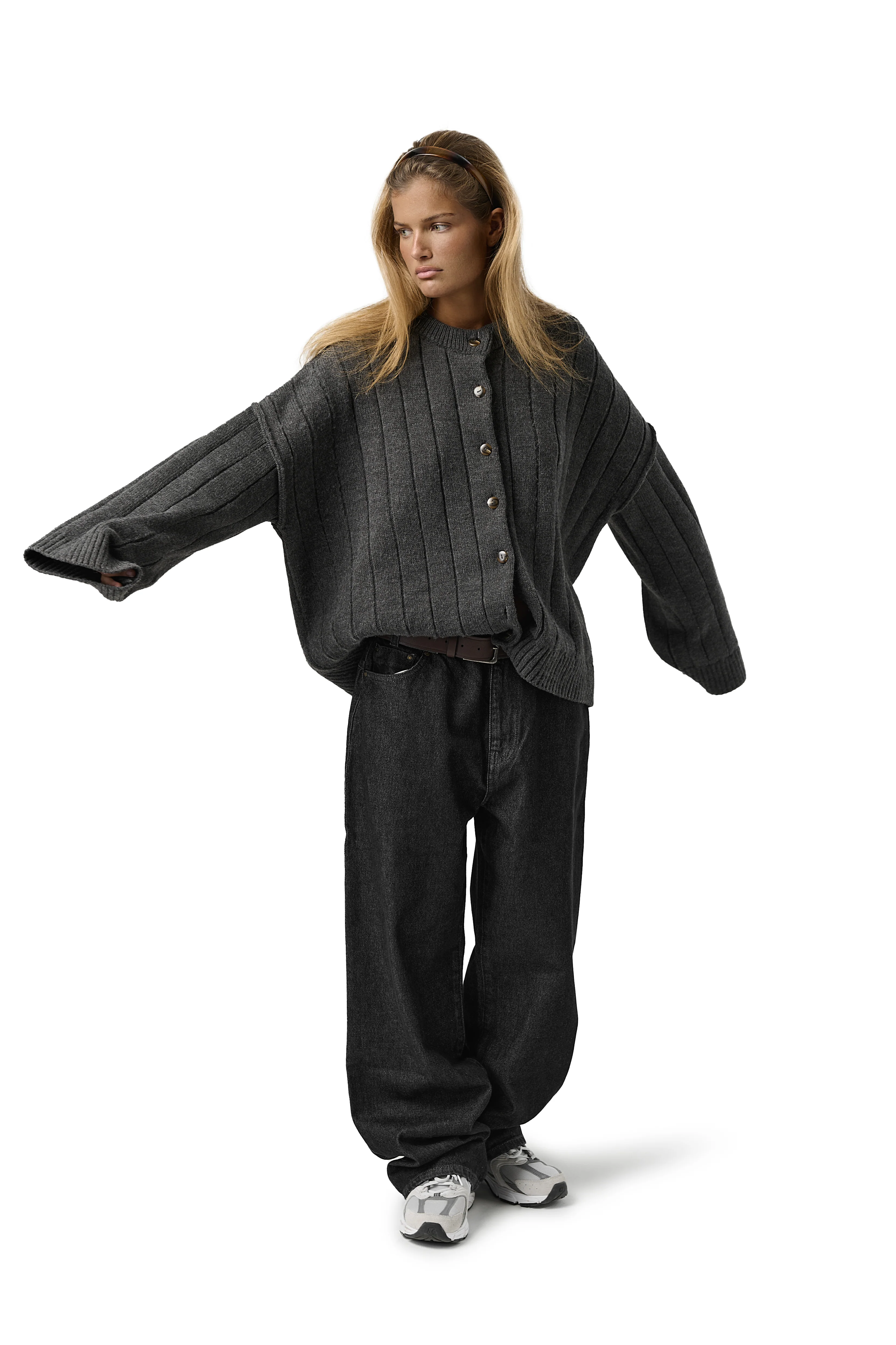 Bryant Button Cardigan in Charcoal - Image 3