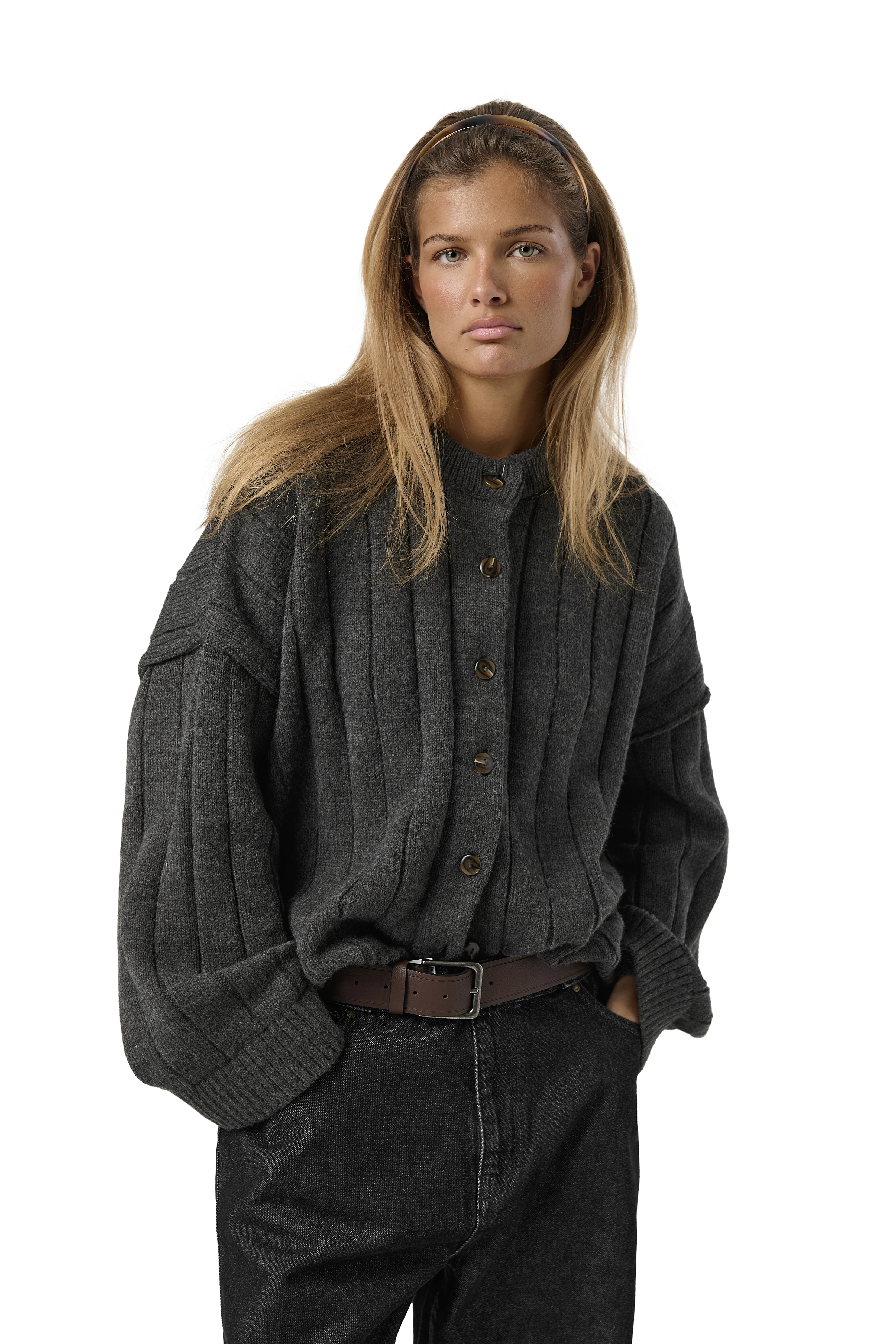 Bryant Button Cardigan in Charcoal - Image 7